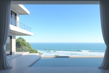Fototapeta premium Modern house overlooking ocean two story white exterior pool