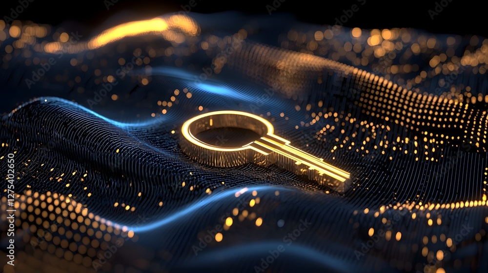 Poster Radiant Golden Key Symbol at the Core of Encrypted Quantum Security Web   Abstract Visualization Representing Unbreakable Cyber Protection Through Quantum Cryptography