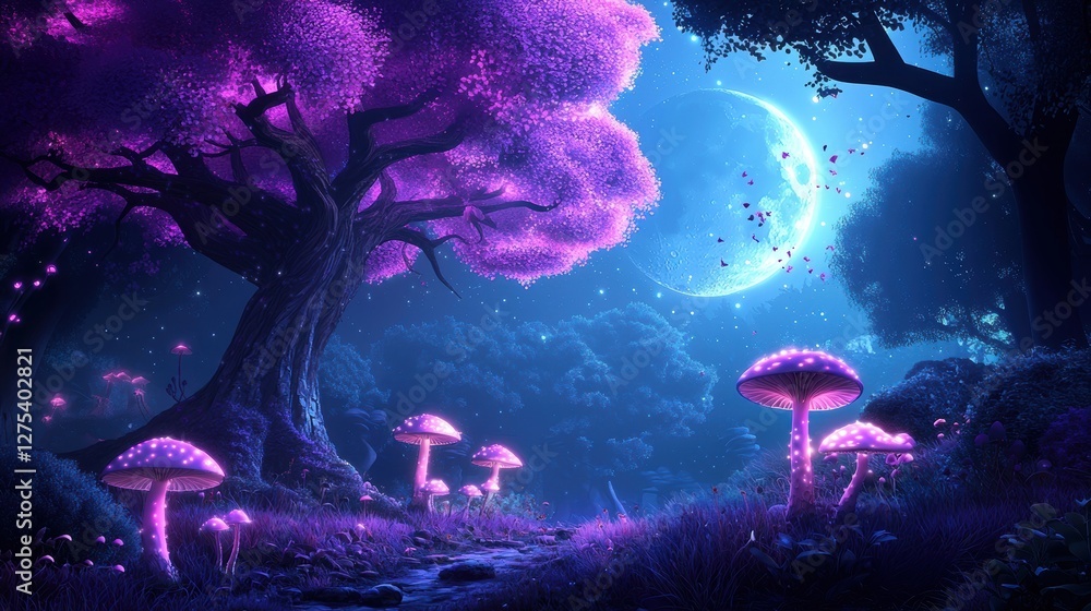Poster a mystical forest with trees draped in purple moss and glowing mushrooms, illuminated by moonlight, 