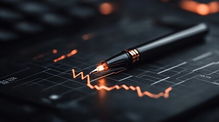 Business analysis with a pen on a financial chart showing fluctuating trends during late hours