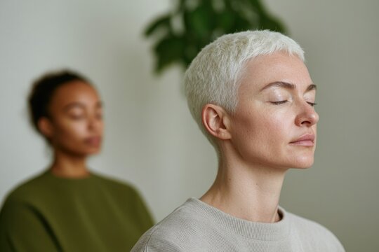 Meditation scene featuring two women, one with short hair, exudi