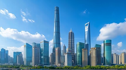 Obraz premium A contemporary office building stands tall in the Lujiazui district of Shanghai, embodying the city's rapid modernization. Its sleek facade reflects the vibrant energy of this financial hub