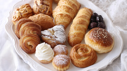 Assorted French pastries including croissants, brioche, and puff pastries served on an elegant white platter

