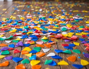 Obraz premium Colorful Confetti Scattered on Wooden Floor