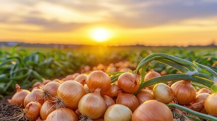 Hand-picked organic onions, fresh from the farm. Fresh onions on soil with a beautiful sunset in the background.
