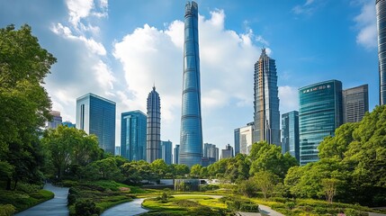 Obraz premium A contemporary office building stands tall in the Lujiazui district of Shanghai, embodying the city's rapid modernization. Its sleek facade reflects the vibrant energy of this financial hub