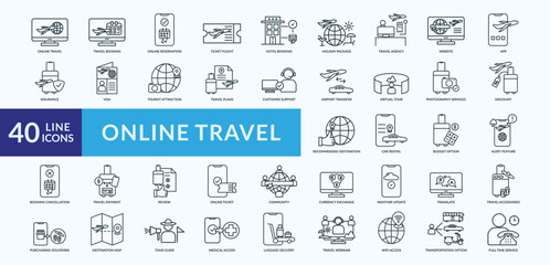 Online travel icon collection set with online reservation, hotel booking, virtual tour, photography services, tour guide
