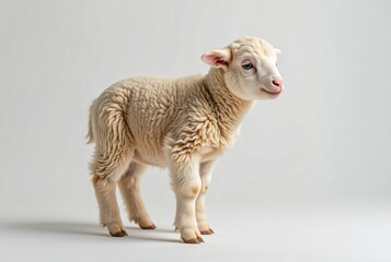 Fototapeta premium Lamb baby sheep white background. Cute, innocent animal for Easter, spring themes, cards, banners, ads. Copy space.
