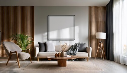 Modern Living Room Interior with Mockup Frame Poster Illuminating 3D Render Showcasing Sleek Furniture, Bold Colors and Textures in a Stylish Minimalist Space, Inspiring Contemporary Design