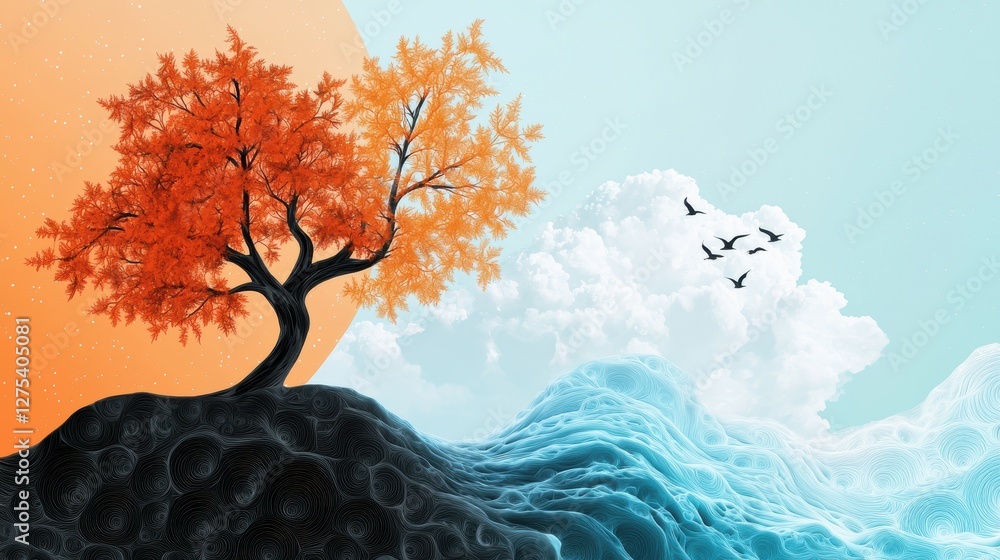 Poster a digital painting with fractal elements incorporated into a natural landscape, blending reality wit