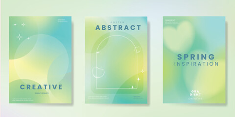 Modern gradient poster background vector set. Minimalist poster summer and spring cover template with green geometric, heart. Ideal design for social media, banner, card, ads.