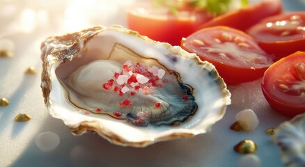Savoring fresh oysters with cherry tomatoes coastal restaurant gourmet cuisine bright setting close-up focus