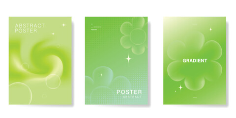 Modern gradient poster background vector set. Minimalist poster summer and spring cover template with green geometric, flower, dot halftone. Ideal design for social media, banner, card, ads.