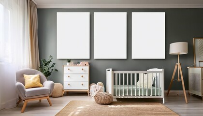 Trendy Empty Poster Wall in a Modern, Vibrant Nursery, Ready for Creative Inspiration and Colorful Artwork.