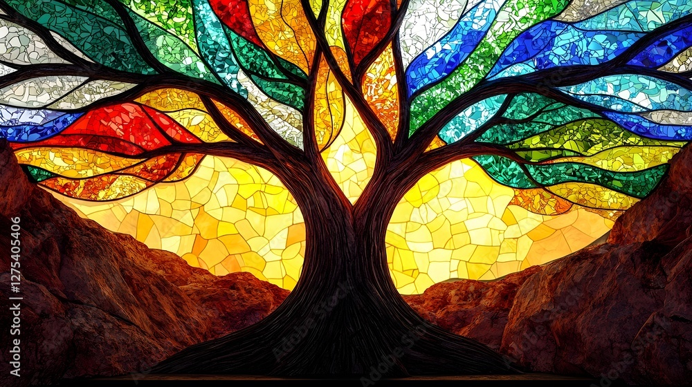 Aufkleber Vibrant stained glass artwork set within the branches of a massive tree glowing beautifully in the golden hour light blending nature and art in a harmonious display