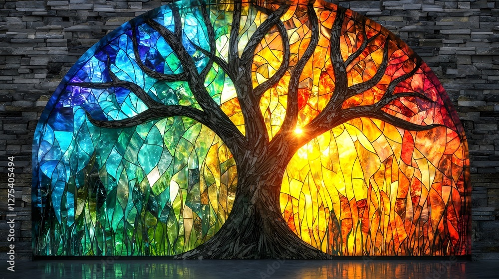 Poster vibrant stained glass artwork set within the branches of a massive tree glowing beautifully in the g