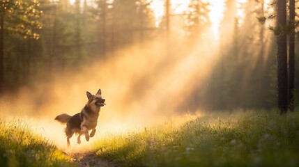 Dog running sunset forest path, summer dust