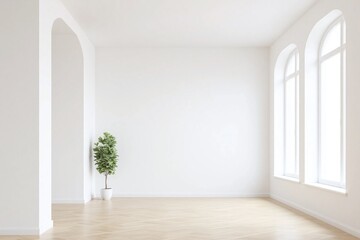 Empty room white walls two windows tall column herringbone floor