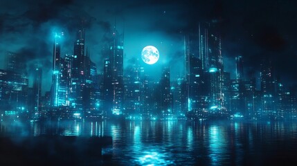 A moonlit cityscape at night, bathed in futuristic neon blue light. The dark water below reflects the ethereal glow of artificial illumination, creating an abstract and otherworldly atmosphere. 
