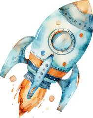 Watercolor cute rocket for kid.