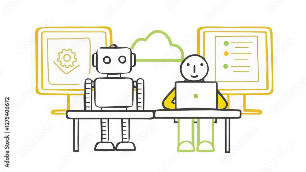Poster digital workspace illustration shows robot and human collaborating at desks, symbolizing teamwork an