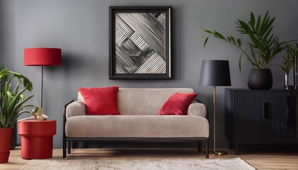 Vintageinspired Living Space Black Mockup Frame, Design Sofa, Furniture Arrangement, and a Vintage Cupboard in a Stylish Setting Perfect for Digital Art, Home Decor, or Interior Design