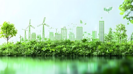 Visionary 3D digital landscape depicting a futuristic eco city with a harmonious balance between modern urban architecture and lush natural elements  The city showcases sustainable design