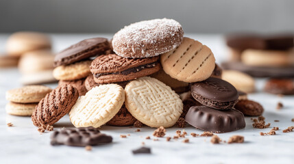 National Biscuit Day, A pile of biscuits of various flavors, from chocolate to vanilla, neatly arranged on a white marble table, Ai generated images