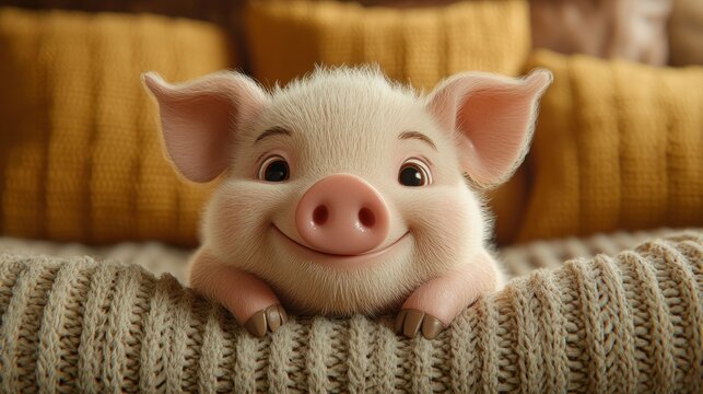 Happy piglet peering over knit blanket, cozy home