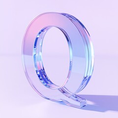 Glass Letter Q: Iridescent, translucent beauty on a pale purple backdrop.  Subtle light play creates a calming aesthetic.
