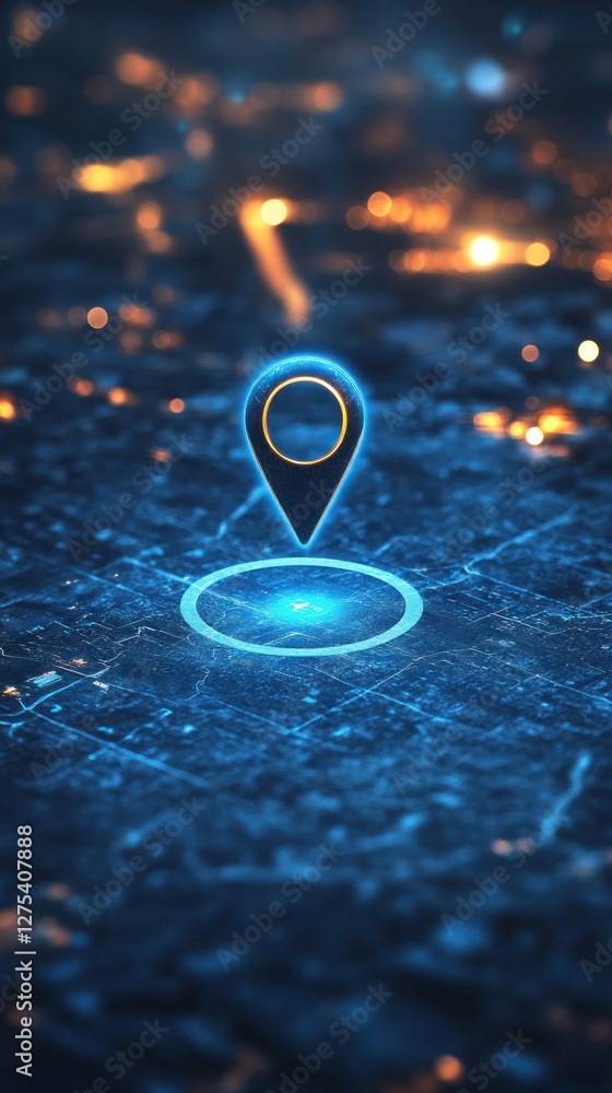 Poster digital map with location pin glowing at night