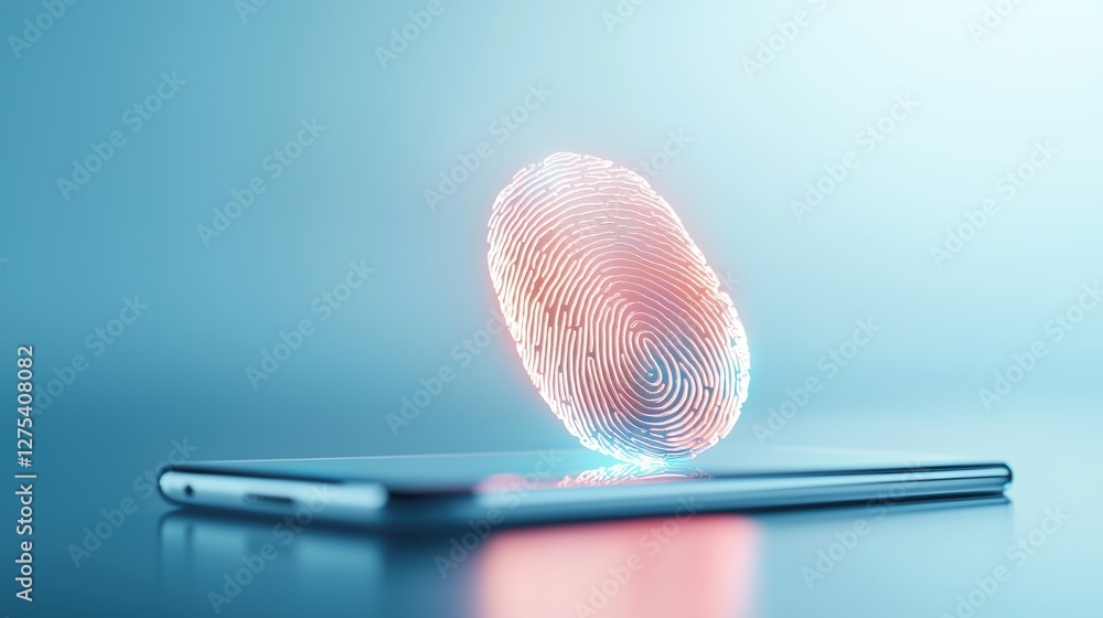 Poster a glowing fingerprint icon displayed on a sleek, modern smartphone screen, representing secure acces