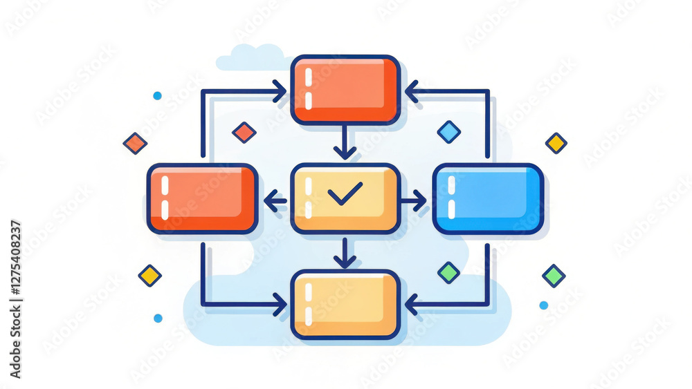 Poster colorful flowchart diagram with interconnected shapes and arrows illustrating process. design featur