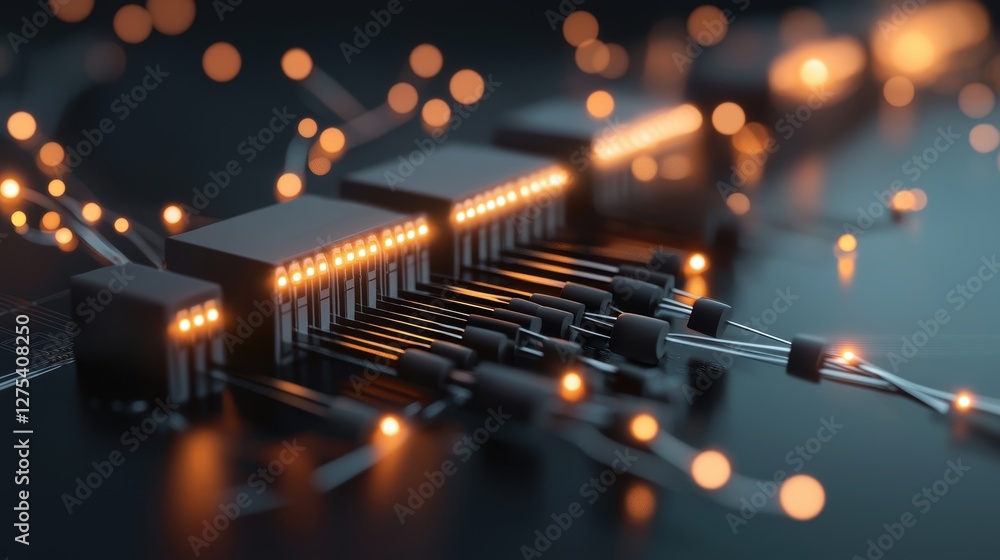 Poster complex network infrastructure with glowing lines representing data flow, routers, and firewalls saf