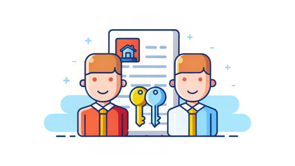 illustration of landlord handing over keys to tenant, symbolizing rental agreement. image features two cartoon characters with contract in background, emphasizing real estate transactions