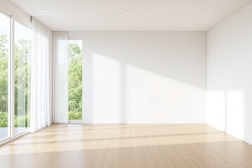 Fototapeta premium Empty room with wooden flooring large windows white walls green view