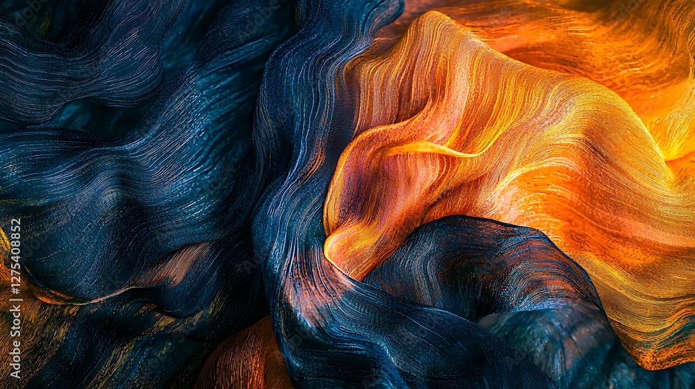 Poster abstract colorful flowing fabric pattern background with blue and orange light effect, for digital u