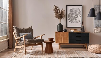 Stylish Scandinavian Living Room Design Armchair, MockUp Poster Frame, and Black Accents in Cool Moody Tones, Perfect for Digital Art, Home Decor, or Design Inspiration.