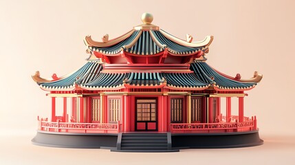 Whimsical felted wool art blending Chinese architecture & cute 3D food icons in ultra-detailed 8K. Minimalist, surreal, and charmingly miniature