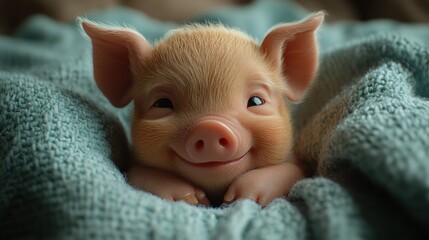 Happy piglet snuggles blanket, indoor warmth