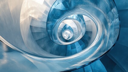 Abstract spiral staircase, blue and white tones, architectural design.