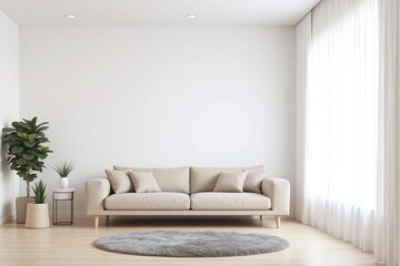 Fototapeta premium Modern living room large window beige sofa side tables potted plants