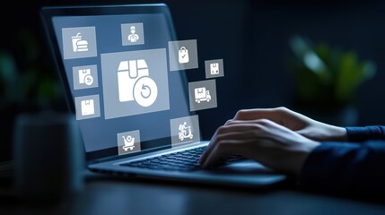 A laptop keyboard with floating digital icons of warehouses and order returns symbolizes an online food delivery system and planning for pick-up, Online order refund process idea