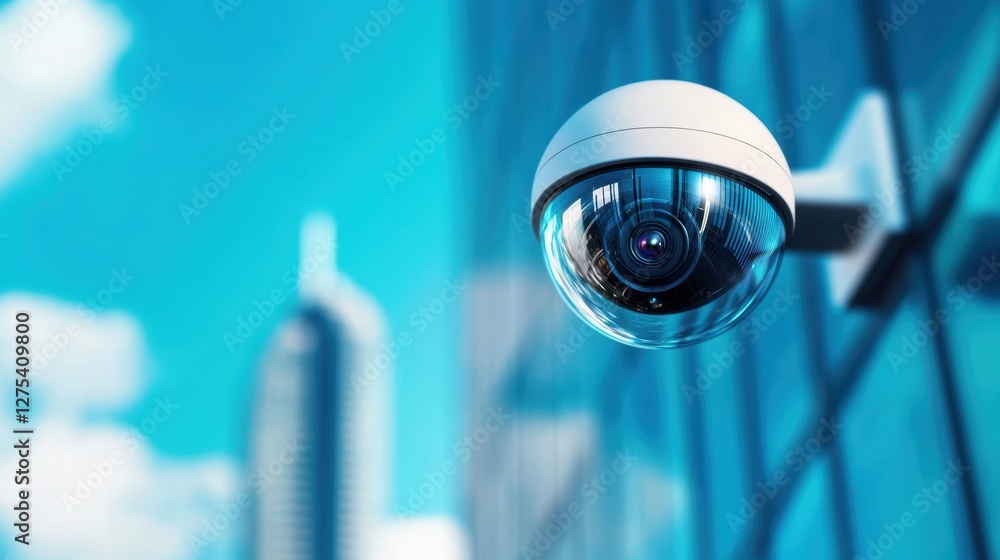 Poster a security camera strategically placed on a building, capturing a wide angle view of the surrounding
