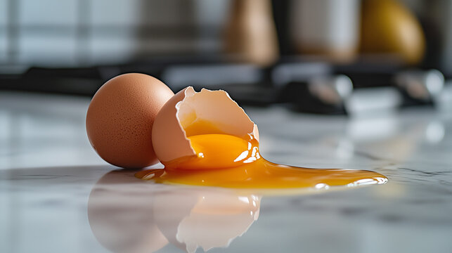 National Egg Month, A cracked egg with yolk slowly flowing on the marble kitchen table, Ai generated images - Powered by Adobe