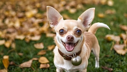 Fototapeta premium Happy Chihuahua Puppy in Autumn Leaves