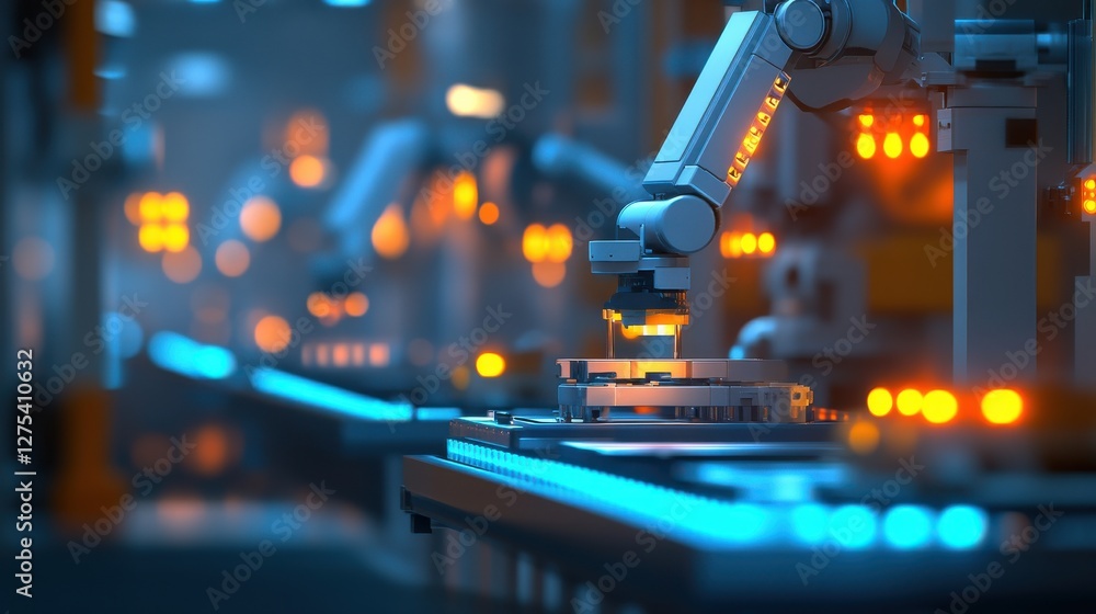 Poster advanced industrial robotics in a futuristic factory setting
