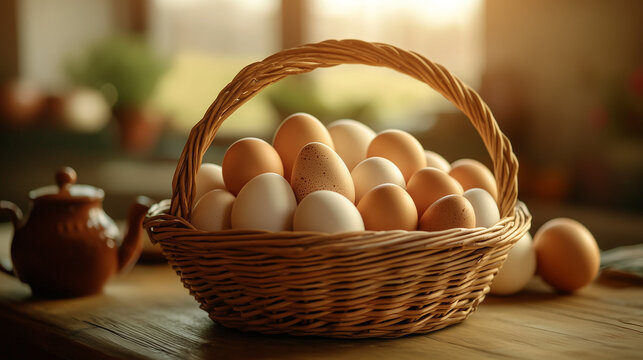 National Egg Month, A wicker basket full of fresh light brown and white eggs, placed on a wooden table with natural texture, Ai generated images