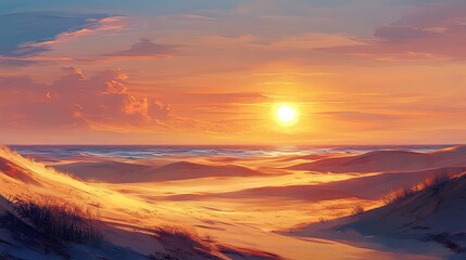 Obraz premium Golden sand dunes under a setting sun, desert landscape, vast and serene 
