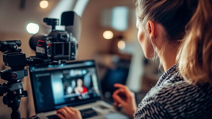 A woman vlogger uses a laptop to create and share video content online. This reflects the rise of digital job trends and the use of technology in creating content for an online audience